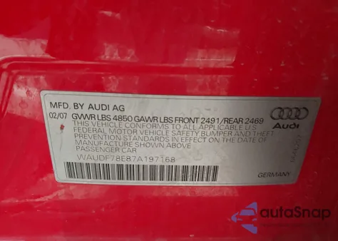 2007 Audi A4 2.0T from USA, damaged, VIN WAUDF78E87A197168